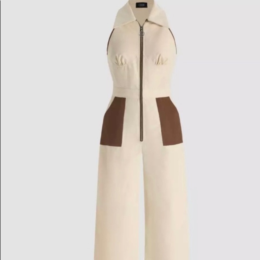 Beige Collar brown pocket jumpsuit